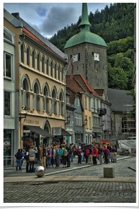 Youth Hostel pouring out travelers.